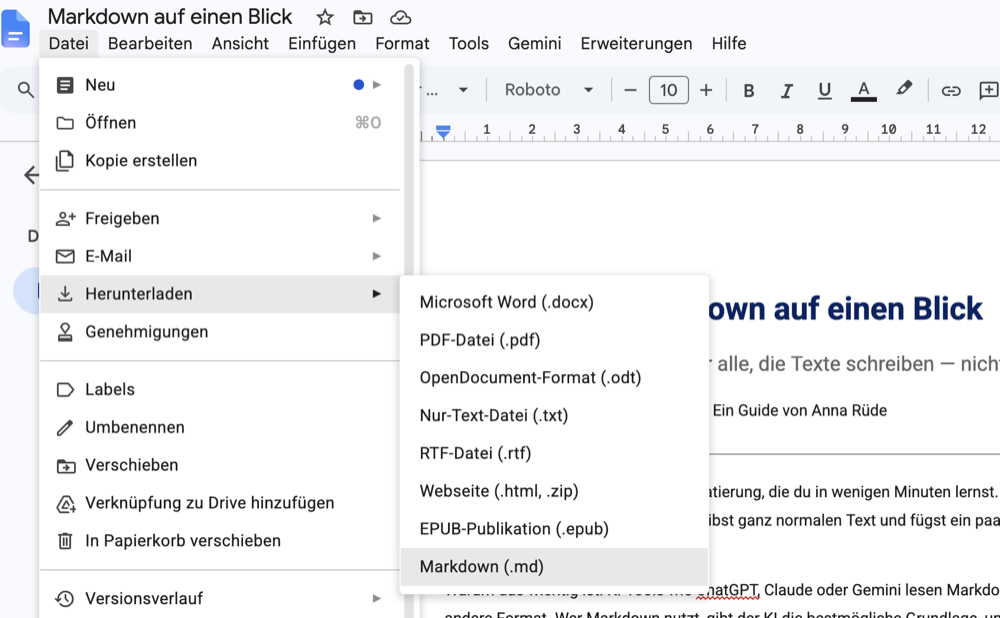 Google Docs Menü: Datei → Herunterladen → Markdown (.md)