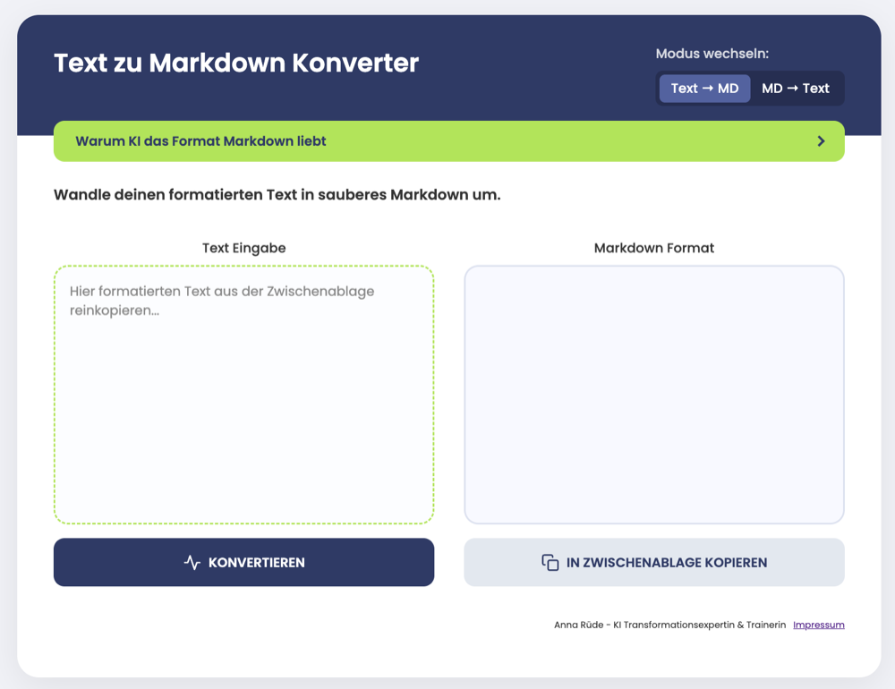 Text-zu-Markdown-Konverter von Anna Rüde: Text links einfügen, rechts sauberes Markdown erhalten